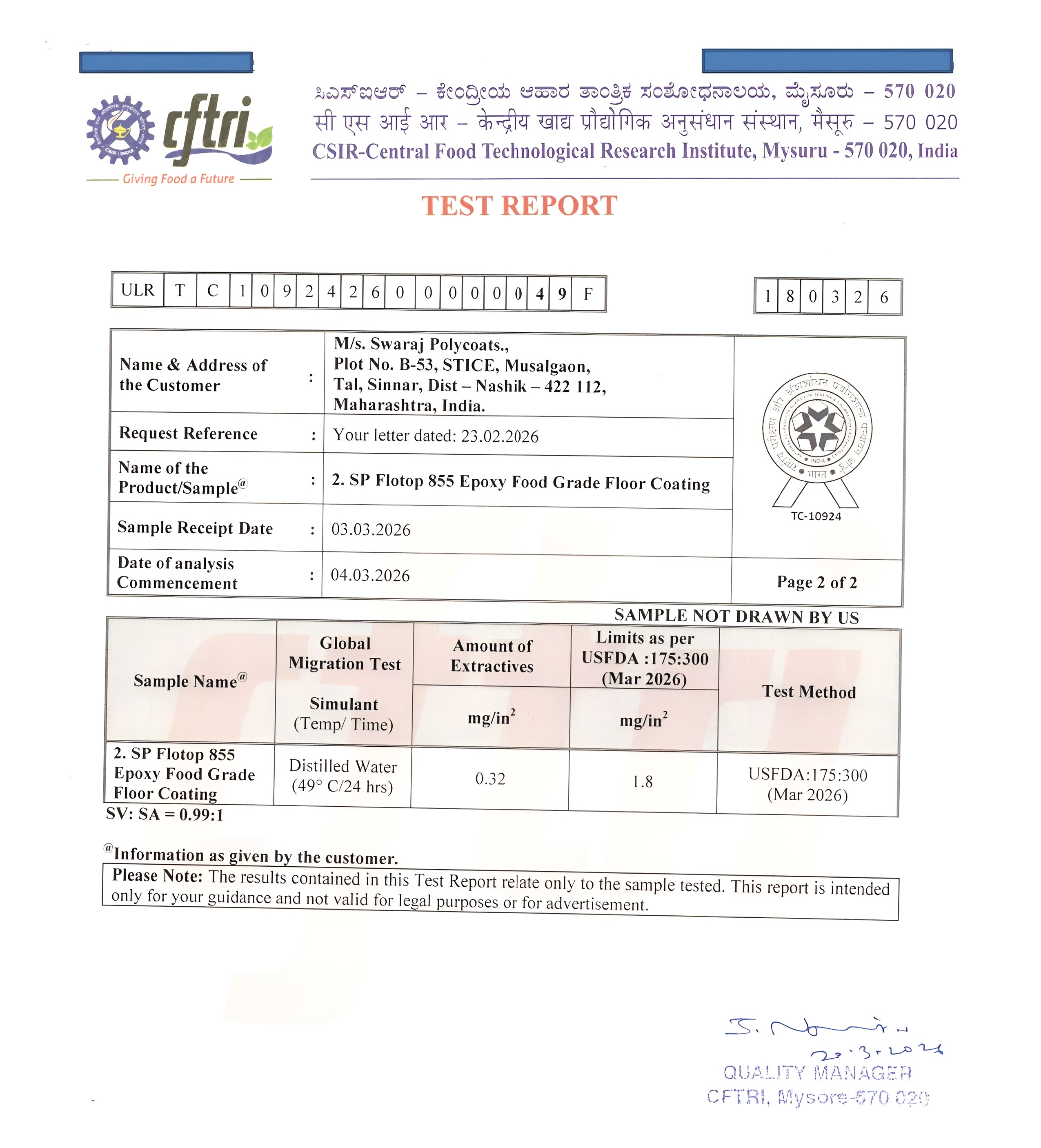 CFTRI Food Grade Certificate for SP FLOTOP 855